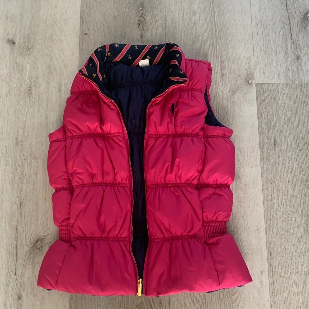 Ralph Lauren Girls Reversible Down Puffer Vest, Pink &‎ Navy sz 16 XL logo fall